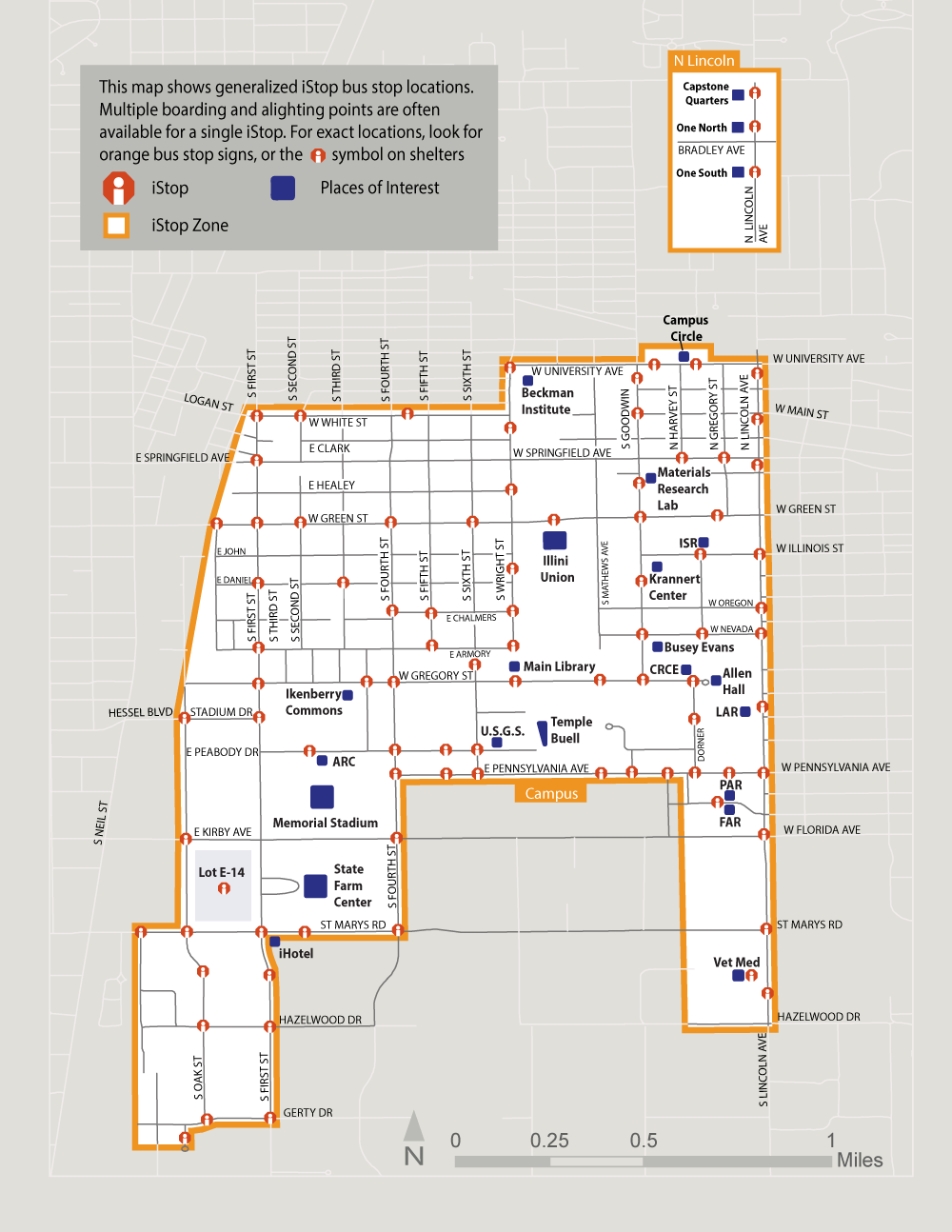 Map of the iStop zone. Zone includes most stops on or near campus and housing complexes on north Lincoln.